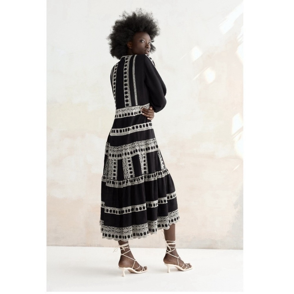 NEW Zara Midi Dress Black Embroidered Linen Blend Tiered Long Sleeve 2XL Boho - Picture 3 of 14